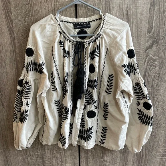 ZARA Linen/Cotton BOHO Embroidered open Front Blouse with tassels. M - Picture 7 of 13